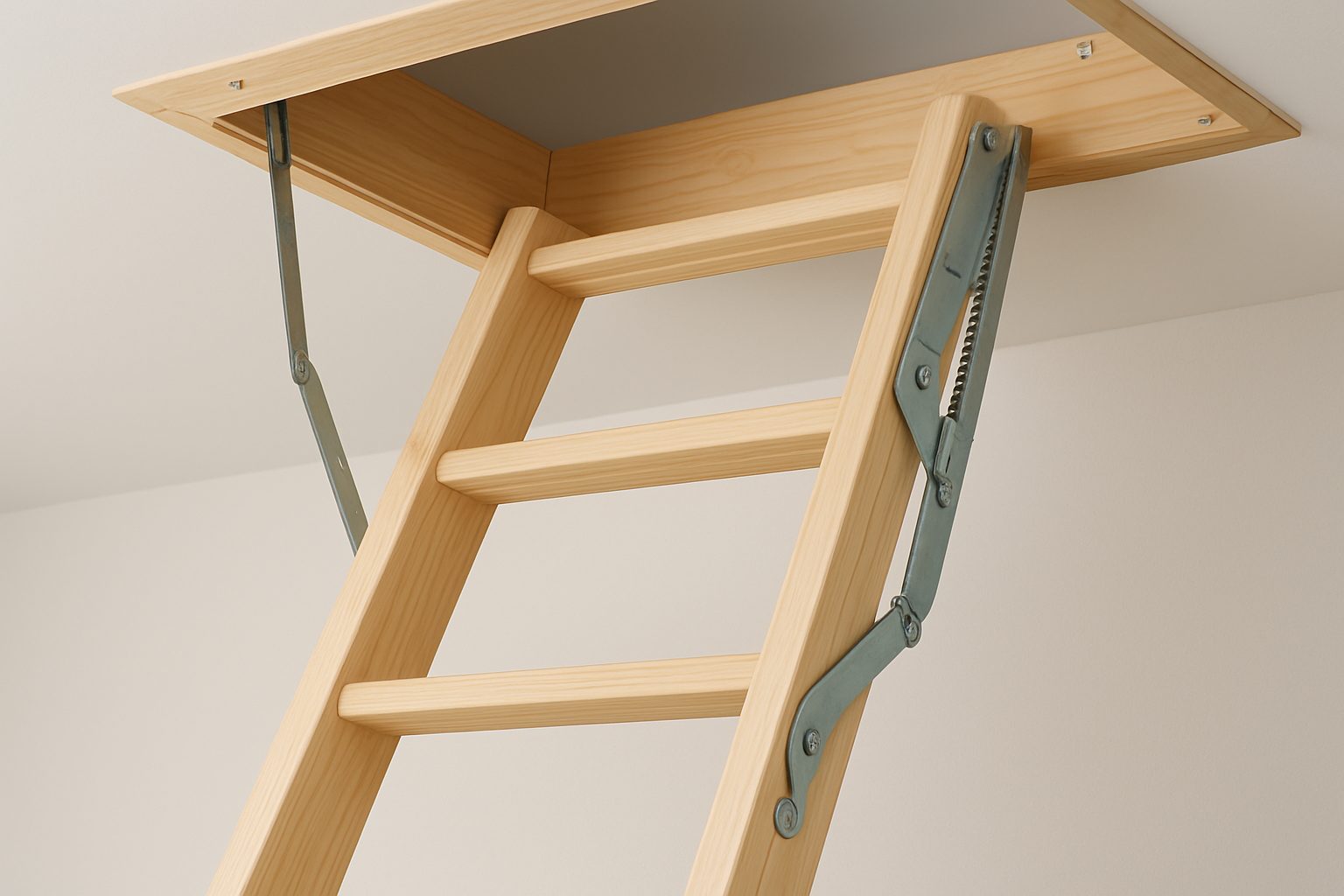 A close-up view of a wooden loft ladder installed in a ceiling, with metal hinges visible.